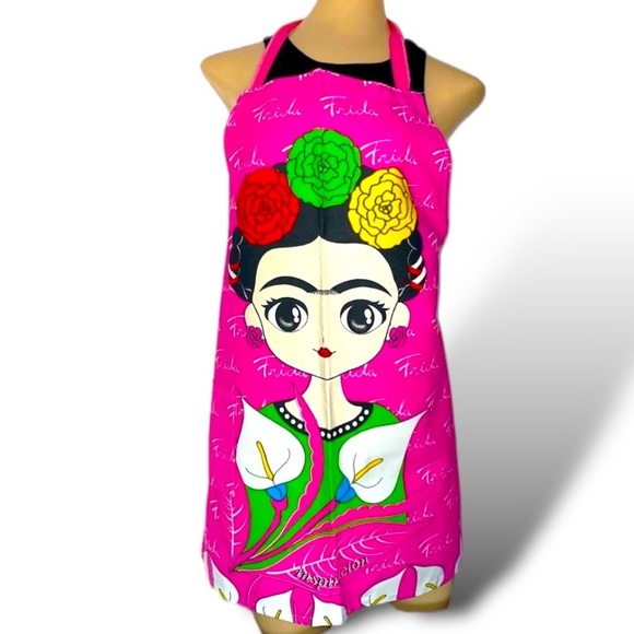 Frida Kahlo Kitchen Apron Fridita Mandil Pink handmade Adult Pockets garment* - Picture 1 of 10